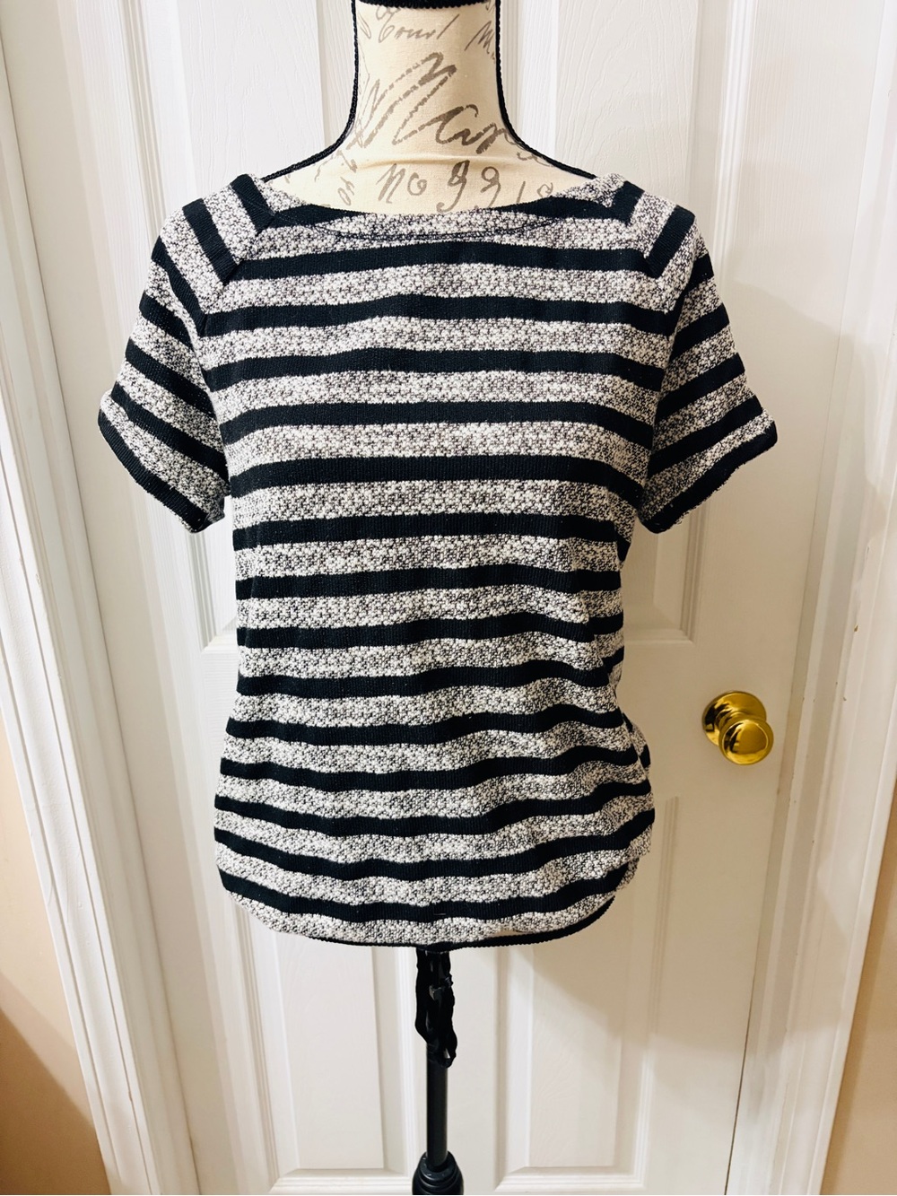 Lou & Grey Loft Black & White Knit Boat Neck Top W/Drawstring Boxy Fit size M